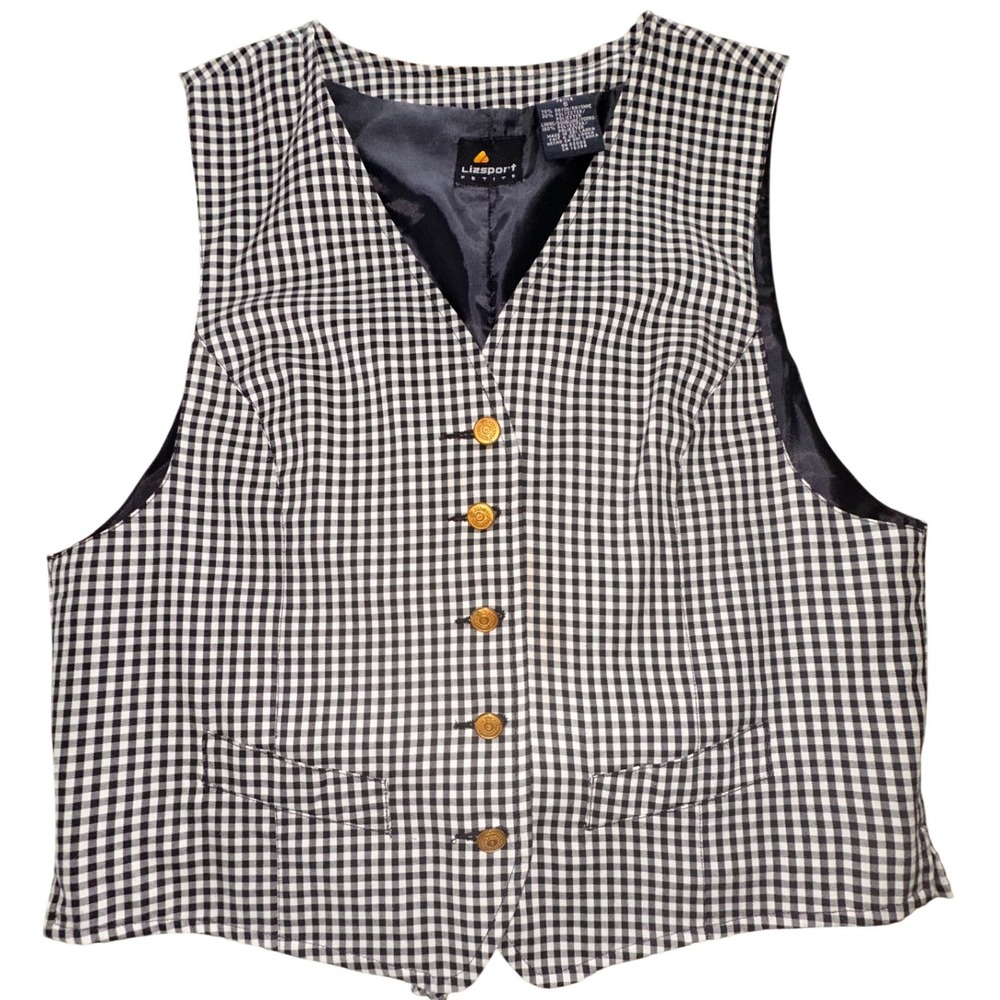 VTG Lizsport Petite Gingham Vest Black White Gold Crest Button Cinch Back Small
